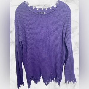 Purple Say What? Drop shoulder distressed trim Knitted sweater.